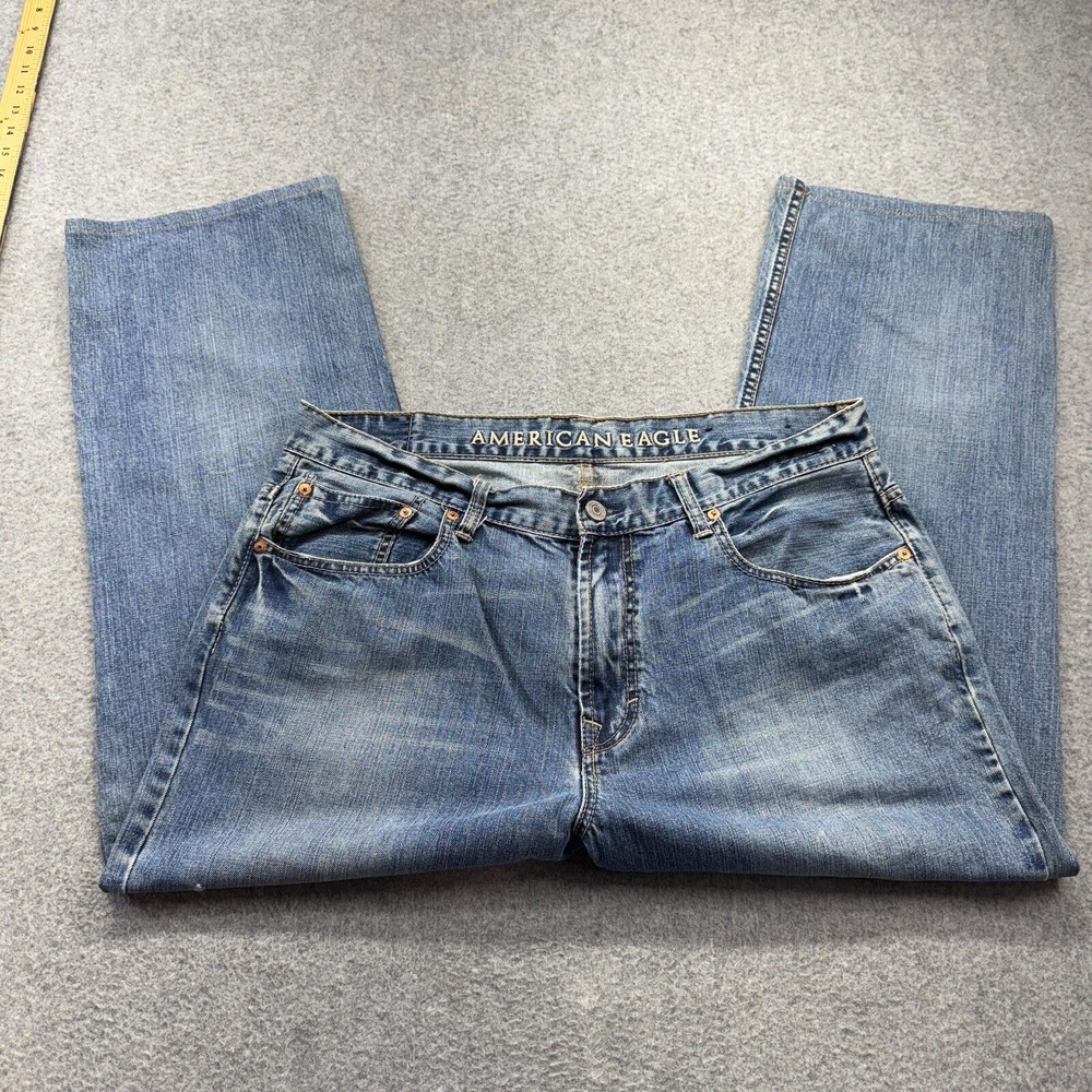 American Eagle Mens Jeans 36x26 Baggy Fit Wide Leg Y2K Light Wash Distressed AEO